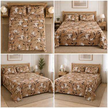 Caramel Blossom Brown, White & Black Floral Printed Double Bedsheet Set | Super-Soft Microfiber with 2 Pillow Covers