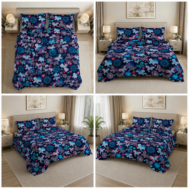 Midnight Butterfly Bliss Navy Blue Multicolour Printed Double Bedsheet Set | Super-Soft Microfiber with 2 Pillow Covers