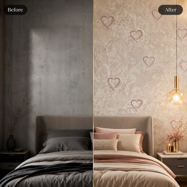 Pink Heart Non-Adhesive Wallpaper 50 Sq.Ft Installed on Bedroom Wall – Nidhi Decor Mumbai