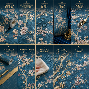 Blue Flower Non-Adhesive Wallpaper 50 Sq.Ft Installed on Bedroom Wall – Nidhi Decor Mumbai