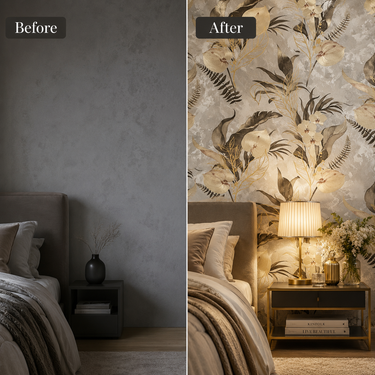Pale Leaf Flower Non-Adhesive Wallpaper 50 Sq.Ft Installed on Bedroom Wall – Nidhi Decor Mumbai