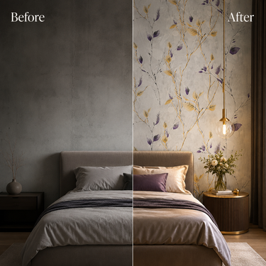 Purple Flower Non-Adhesive Wallpaper 50 Sq.Ft Installed on Bedroom Wall – Nidhi Decor Mumbai