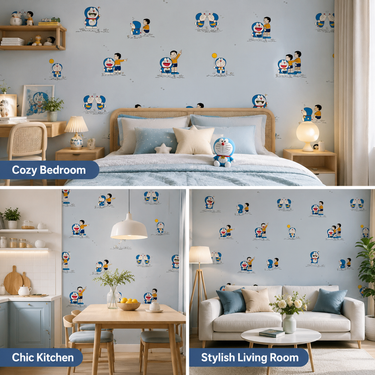Blue Cartoon Non-Adhesive Wallpaper 50 Sq.Ft Installed on Kids Room Wall – Nidhi Decor Mumbai