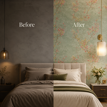 Green Pink Leaf Non-Adhesive Wallpaper 50 Sq.Ft Installed on Bedroom Wall – Nidhi Decor Mumbai