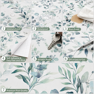 Self Adhesive White Green Leaf Design Wallpaper 10 meter