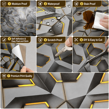 Self Adhesive 3D Gilded Dark Hexagon Relief Texture 10 Meter