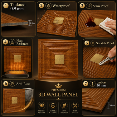 Self Adhesive Teak Wood Gold 3D PVC Wall Panel 1.5x1.5 ft | Peel & Stick