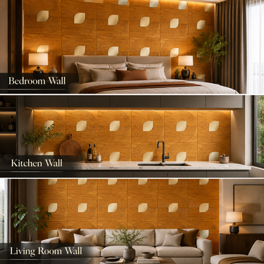 Nidhi Decor Golden Crescent Spiral Panel Close-Up – Teak Wood & Gold 3D Pattern India