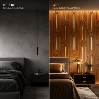 Loopa Teak Wood Gold 3D PVC Wall Panel Installed on Feature Wall – Nidhi Decor Mumbai