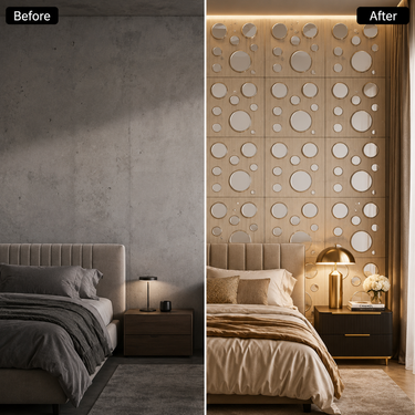 Light Wood Silver Moon 3D PVC Wall Panel Installed on Feature Wall – Nidhi Decor Mumbai