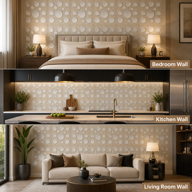 Nidhi Decor Light Wood Silver Moon Panel Close-Up – Light Wood & Silver 3D Pattern India