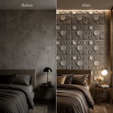 White Silver Moon 3D PVC Wall Panel Installed on Bedroom Feature Wall – Nidhi Decor Mumbai