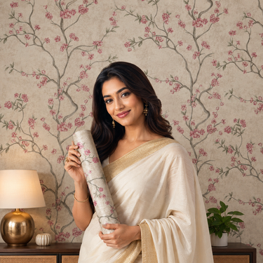 Nidhi Decor Pink Trees Non-Adhesive Wallpaper 50 Sq.Ft | Cherry Blossom Floral Wall Decor Mumbai | CMC Adhesive