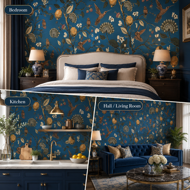Dark Blue Garden Wallpaper Close-Up Floral Pattern | Maximalist Wall Decor | Nidhi Decor Mumbai