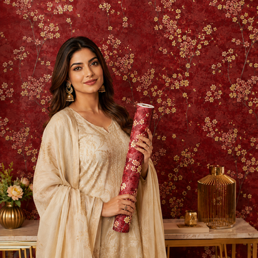 Nidhi Decor Red Chinese Era Non-Adhesive Wallpaper 50 Sq.Ft – Festive Cherry Blossom Oriental Wall Decor Mumbai
