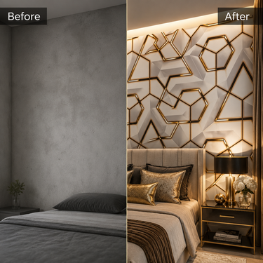 3D Gilded Hexagon Peel & Stick Wallpaper on Living Room Accent Wall – Nidhi Decor Mumbai