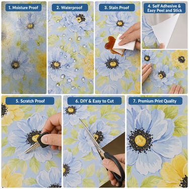 Nidhi Decor Yellow Blue Flower Wallpaper Close-Up – Cheerful Floral Pattern India