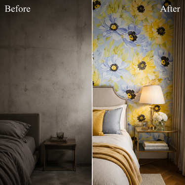Yellow Blue Floral Peel & Stick Wallpaper on Bedroom Feature Wall – Nidhi Decor Mumbai