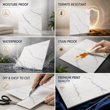 White Marble PVC Foam Sheet ND-007 Features – Moisture Proof Waterproof Stain Proof DIY Easy to Cut | Nidhi Decor