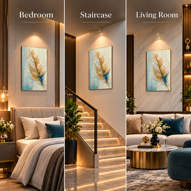 Luxury Ivory, Gold & Aqua Crystal Feather Wall Art Frame – Premium 3D Rhinestone Feather Decorative Panel