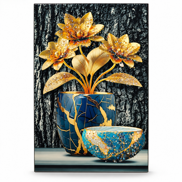 Luxury Black, Gold & Royal Blue Crystal Floral Vase Wall Art Frame – Premium 3D Rhinestone Flower Decorative Frame