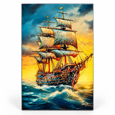 Luxury Teal Ocean & Gold Crystal Sailing Ship Wall Art – Premium 3D Rhinestone Nautical Panel