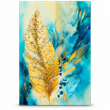 Luxury Aqua, Ivory & Gold Crystal Feather Wall Art Frame – Premium 3D Rhinestone Feather Decorative Panel