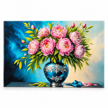 Luxury Pink Peony & Teal Blue Crystal Floral Wall Art Frame – Premium 3D Rhinestone Flower Vase Decorative Panel