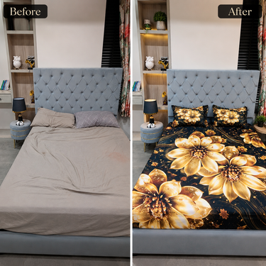 Black & Golden Floral Printed Double Bedsheet with 2 Pillow Covers | 100% Microfiber Satin Weave | Super Soft Pre-Shrunk Bedding Set – 87.5 × 92.5 Inch