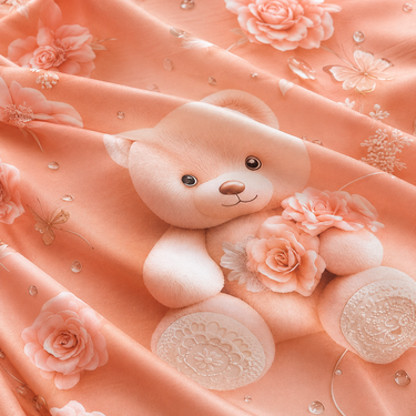 Peach Teddy Bear & Rose Floral Printed Double Bedsheet with 2 Pillow Covers | 100% Microfiber Satin Weave | Super Soft Pre-Shrunk Bedding Set – 87.5 × 92.5 Inch