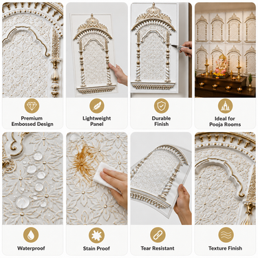 Royal White & Antique Gold Temple Arch Decorative Wall Panel 4×2 Ft | Premium Ganpati Pooja Room Backdrop Panel | Mandir, Mandap & Festive Wall Decor