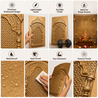 Royal Antique Gold Temple Arch Decorative Wall Panel 4×2 Ft | Premium Ganpati Pooja Room Backdrop Panel | Mandir & Mandap Wall Decor