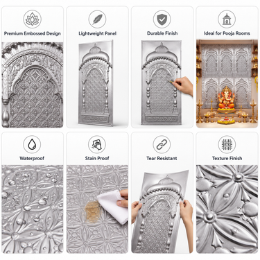 Royal Silver Temple Arch Decorative Wall Panel 4×2 Ft | Premium Ganpati Pooja Room Backdrop Panel | Mandir, Mandap & Festive Wall Decor