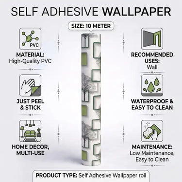 Self Adhesive Wallpaper White Green Square Texture 10 Meter