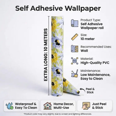 Self Adhesive Wallpaper Yellow Blue Flowers Texture 10 Meter
