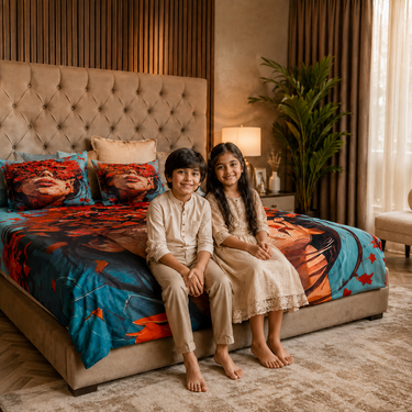 Blue & Red Artistic Woman Portrait Printed Double Bedsheet with 2 Pillow Covers | 100% Microfiber Satin Weave | Super Soft Pre-Shrunk Bedding Set – 87.5 × 92.5 Inch
