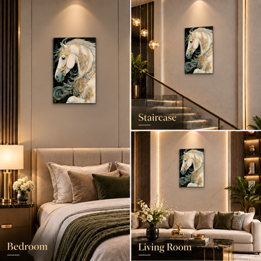Majestic White & Gold Horse Crystal Wall Art Frame – Luxury 3D Rhinestone Decorative Panel