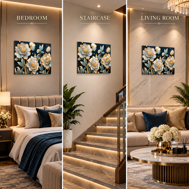 Luxury Ivory, Teal Blue & Gold Crystal Peony Floral Wall Art Frame – Premium 3D Rhinestone Flower Decorative Panel