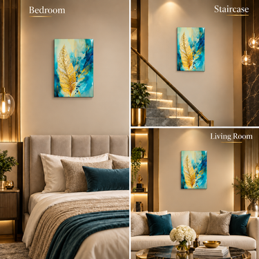 Luxury Aqua, Ivory & Gold Crystal Feather Wall Art Frame – Premium 3D Rhinestone Feather Decorative Panel