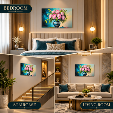 Luxury Pink Peony & Teal Blue Crystal Floral Wall Art Frame – Premium 3D Rhinestone Flower Vase Decorative Panel