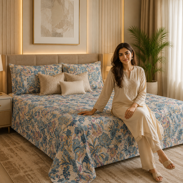 Azure Amber Bloom Ivory & Blue Floral Printed Double Bedsheet Set | Premium Microfiber with 2 Pillow Covers