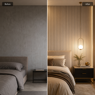 Light Grey Grille PVC Wall Panel Installed on Bedroom Wall – Nidhi Decor Mumbai Home Decor