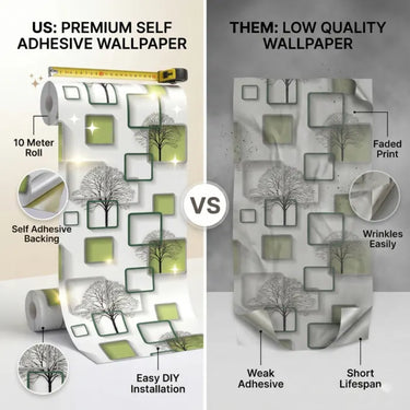 Self Adhesive Wallpaper White Green Square Texture 10 Meter