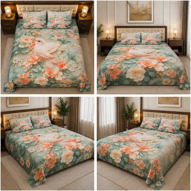 Sage Green Floral & White Bird Printed Double Bedsheet with 2 Pillow Covers | 100% Microfiber Satin Weave | Super Soft Pre-Shrunk Bedding Set – 87.5 × 92.5 Inch