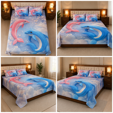 Blue & Pink Dolphin Printed Double Bedsheet with 2 Pillow Covers | 100% Microfiber Satin Weave | Super Soft Pre-Shrunk Double Bed Bedding Set – 87.5 × 92.5 Inch
