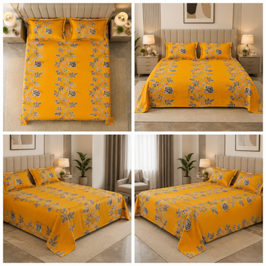 Golden Rose Vine Yellow & Grey Floral Printed Double Bedsheet Set | Premium Cotton with 2 Pillow Covers