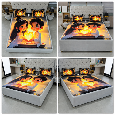 Romantic Couple & Glowing Heart Printed Double Bedsheet with 2 Pillow Covers | 100% Microfiber Satin Weave | Super Soft Pre-Shrunk Bedding Set – 87.5 × 92.5 Inch