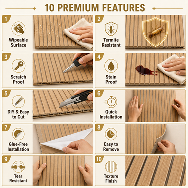 Wooden Grille Sheet 2×10 ft | Self-Adhesive Wood Slat Wall Panel Roll | Waterproof, Wipeable & Easy-to-Install Decorative Wall Covering