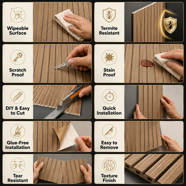 Walnut Wooden Grille Sheet 2×10 ft | Self-Adhesive Wood Slat Wall Panel Roll | Fluted Wood Texture Wall Covering for Living Room, Bedroom & TV Unit