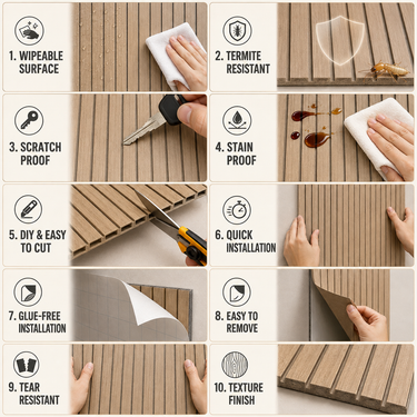 Natural Oak Wooden Grille Sheet 2×10 ft | Self-Adhesive Fluted Wood Slat Wall Panel Roll | Textured Wall Covering for Bedroom, Living Room & TV Unit